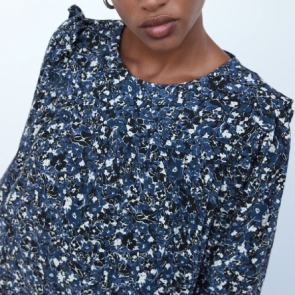 NWT ZARA Blue Floral Long Sleeve Ruffle Hem Mini Dress Size S - Picture 2 of 15